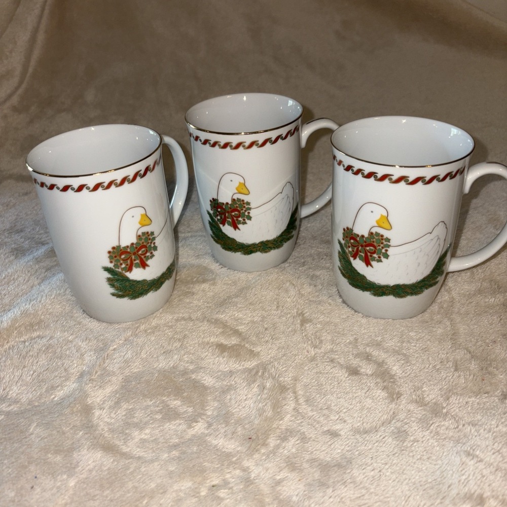 Otagiri 3 Christmas Goose Mugs Japan MaryAnn  Baker Holiday Tea Cup Gold Trim.